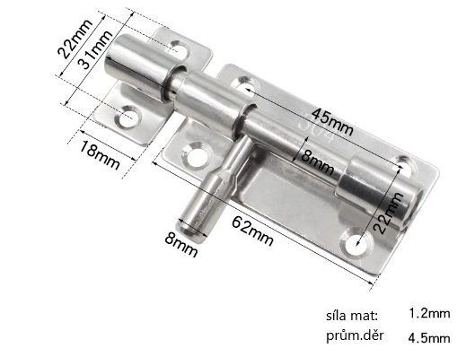 Dveřní nerezové 304 petlice 62mm s protikusem